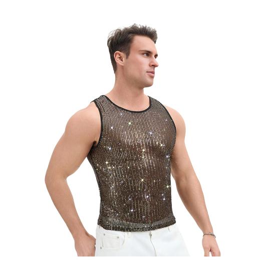 Herren Pailletten Weste Funkelnd Rundhals Ärmellos Shirt Durchsichtig Sexy Tanktop für Musikfestival Rave Nachtclub Bar Party