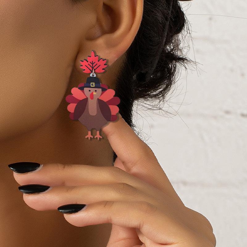 Maple Leaf Turkey Stylish Elegant Retro Thanksgiving Earrings Cute Cartoon