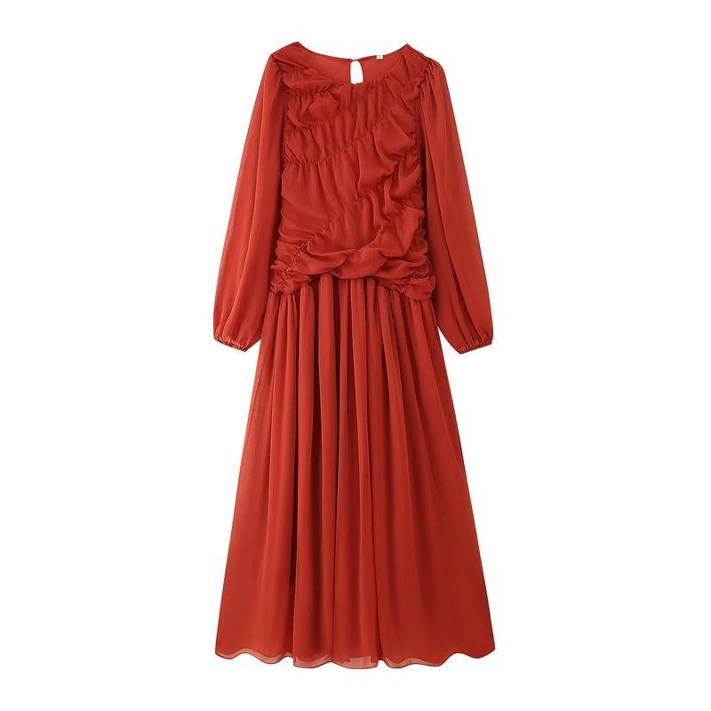 Summer New Arrival Women's Clothing Fashion Style Fashion All-Matching Temperament Leisure Pleating Long Sleeves round-Neck High Waist Dress
