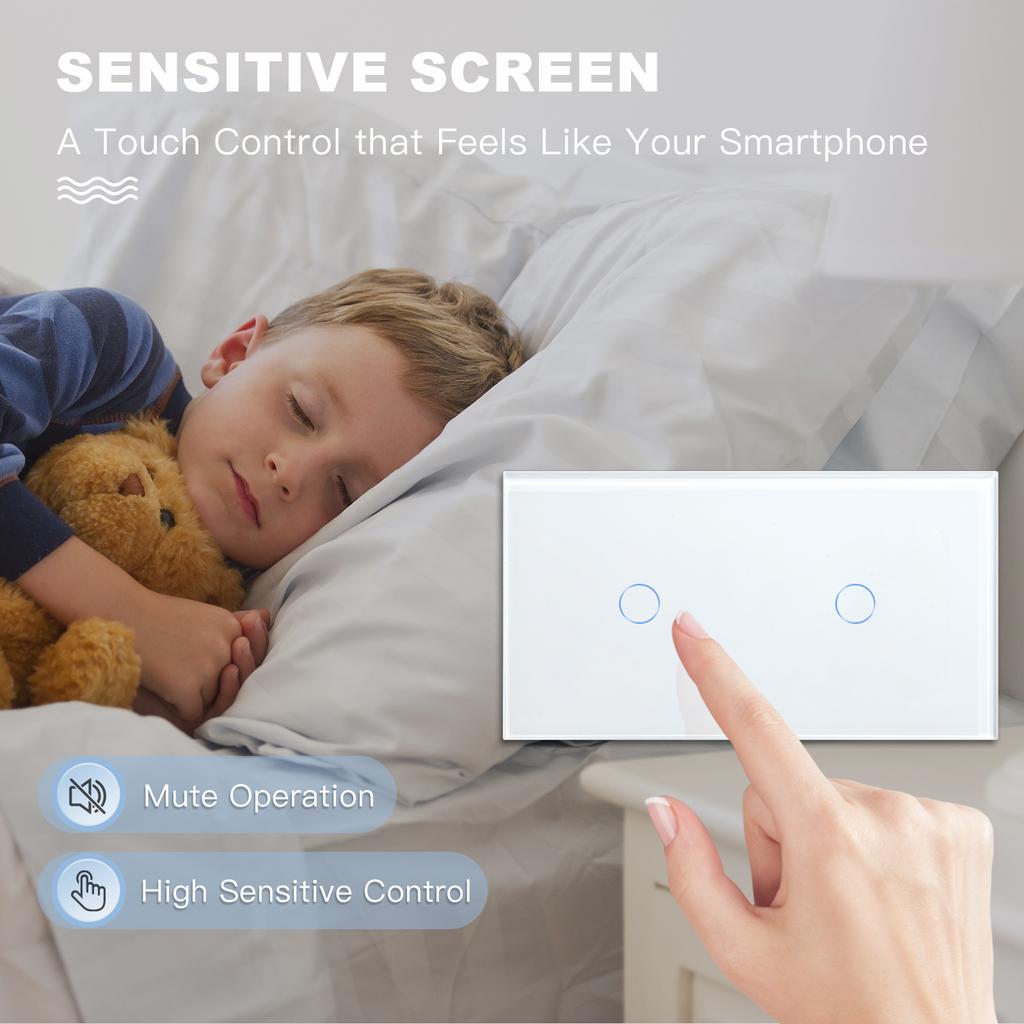 BSEED 1/2/3Gang Touch Switch Double Light Switch Triple Sensor Switch 1Way EU Standard Glass Panel Blue Back Light White Series