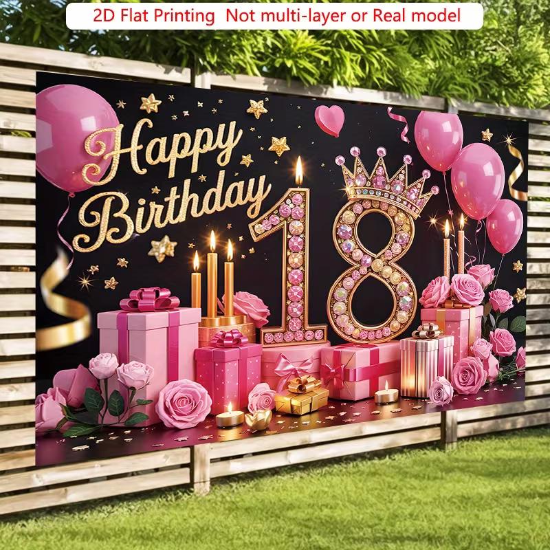 2D Elegant Black Pink 18th Happy Birthday Photography Backdrop with Gift Boxes
