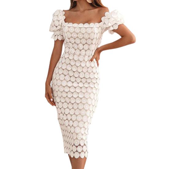 

2024 Женское праздничное платье с открытой спиной и цветочным декором до середины икры с короткими рукавами Платье с открытой спиной и разрезом Летнее платье миди Женская одежда L белый