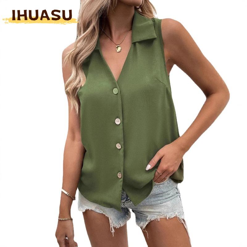 IHUASU Women's Fashion Casual Solid Color Print V-Neck Sleeveless Blouses & Shirts