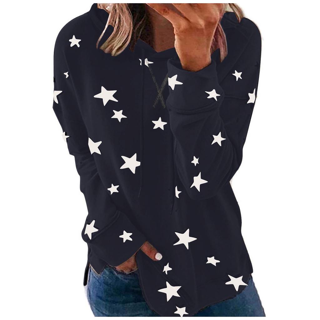 Women Fashion Hooded Star Print Patchwork Long Sleeves Tops Blouse Sweatshirt