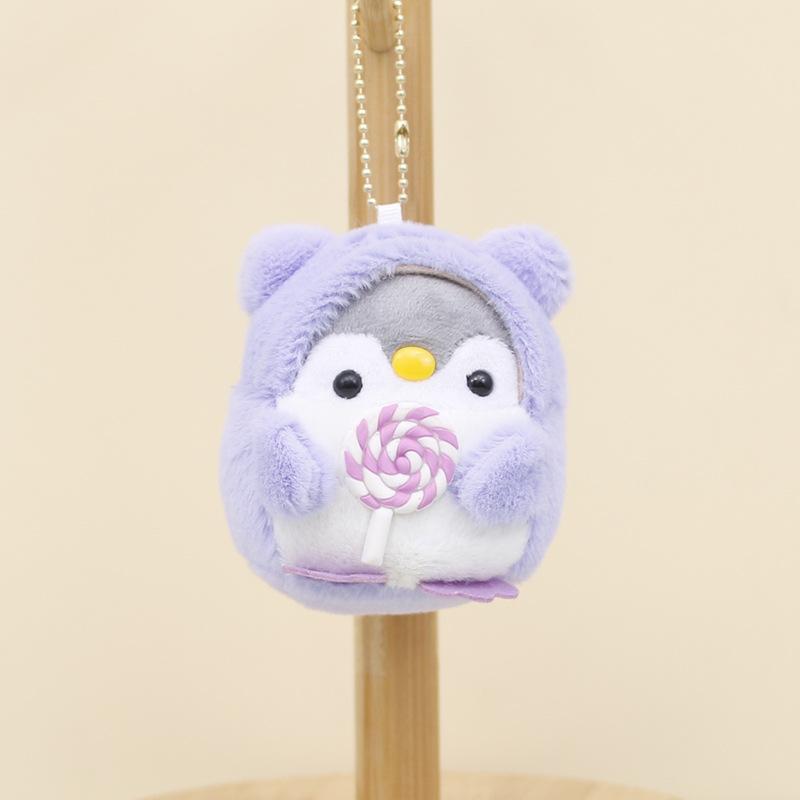 

Cute Penguin hold icecream doughnut Doll Key Chain Girl Cartoon Car Creative Plush Key Chain Kawaii Lady Bag Accessories фиолетовый