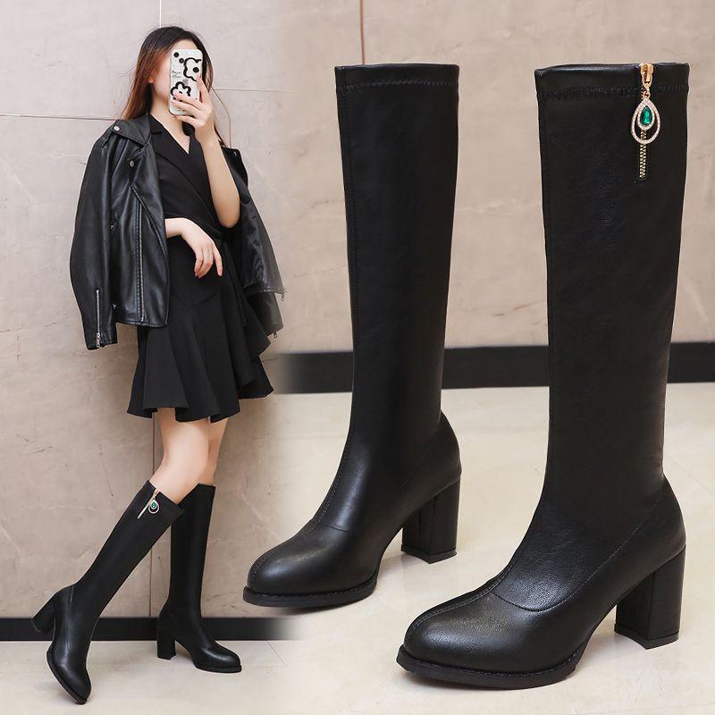 

Новые модные эластичные рыцарские сапоги с круглой головкой на толстом каблуке