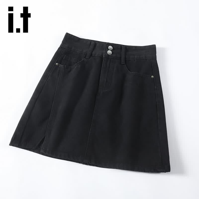 izzue it Women s Retro High-Waist Denim A-Line Slit Skirt XL
