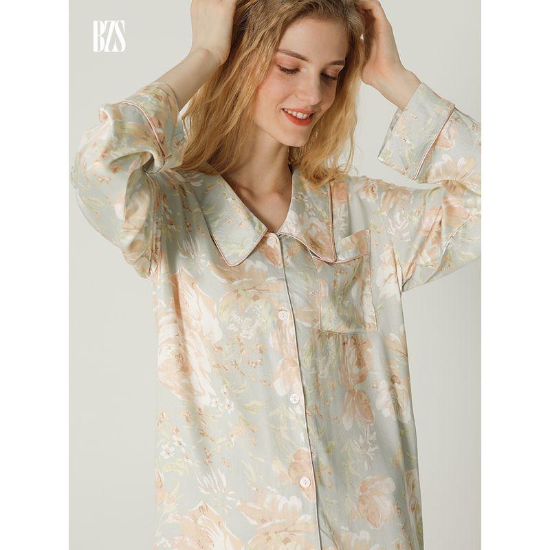 2024 Summer New French style V-neck Sweet Print Tribute Satin Cotton Silk Comfortable Home Wear Pajamas Women's Long-Sleeved Nightdress