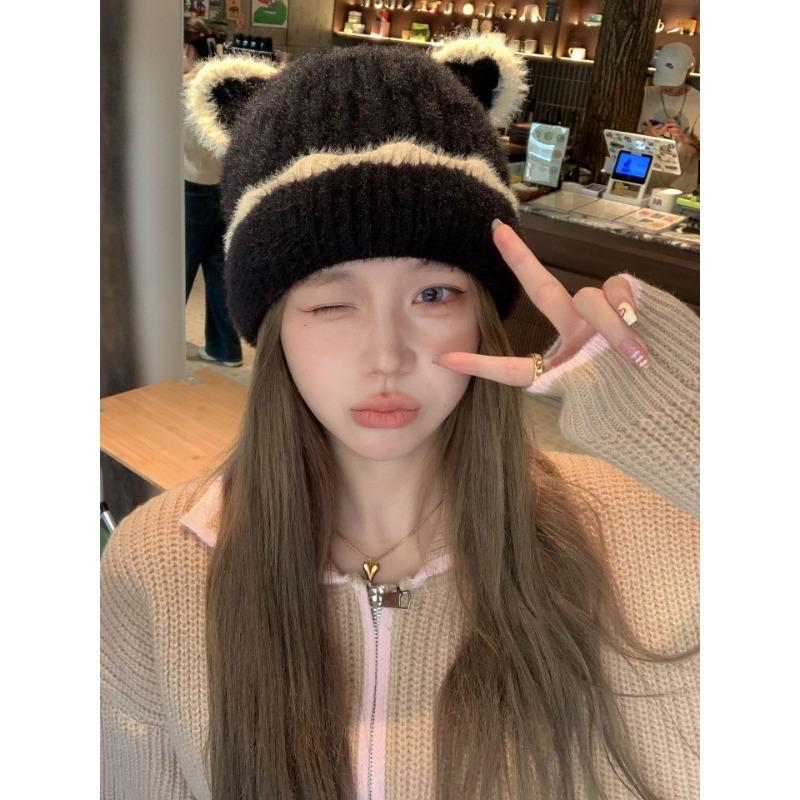 Knitted Plush Hat Women's Autumn and Winter Furry Thickened Warm Fisherman Hat Cute Face Showing Small Wool Hat New Style