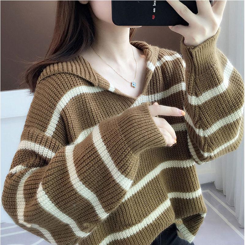 

Женский V-образный вырез осень-зима мягкий полосатый вязаный свитер с длинным рукавом джемпер пуловер трикотаж удобный свободный трикотажный топ XXL темно-коричневого