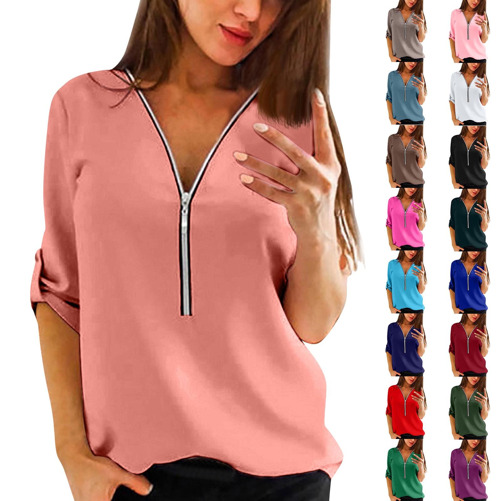 

Women s Casual Solid Color V-neck Seven Quarter Sleeve Zip Up Chiffon Shirt L армія зелений колір