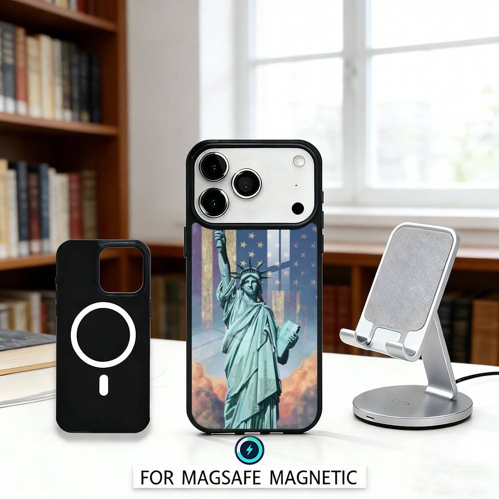 S-Statue L-Liberty America USA Flag Phone Case Magnetic For iPhone17 16 15 14 13 12 Pro Max For Magsafe Wireless Charging Cover