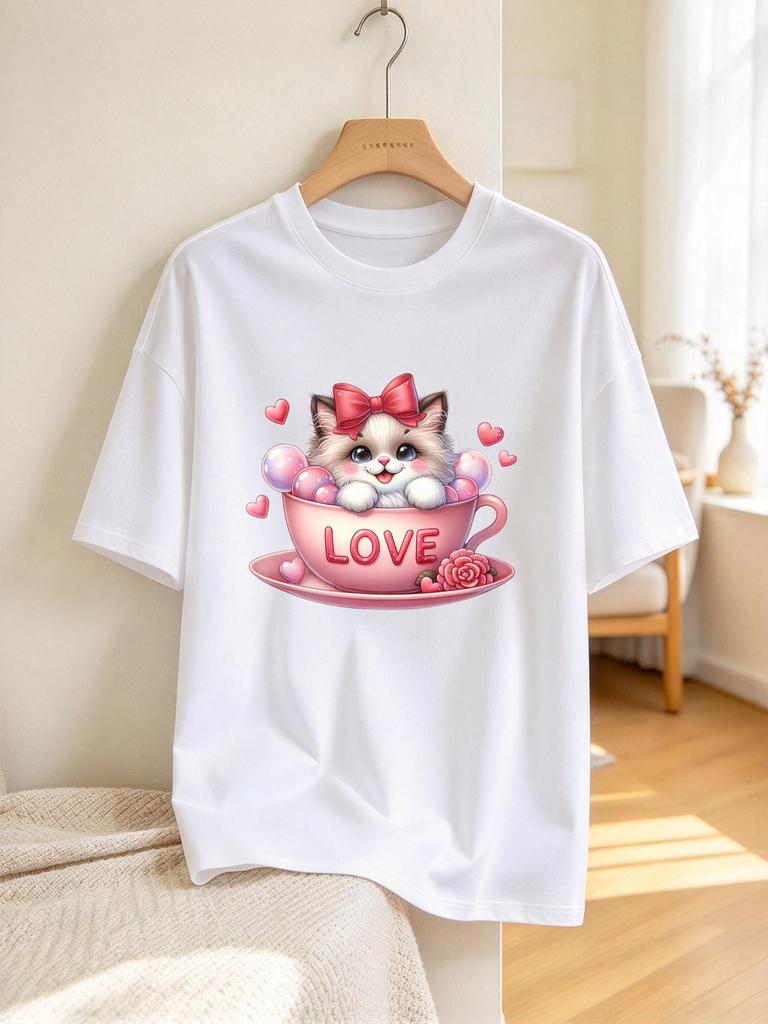 Unisex T Shirt Cute Kitten In Pink Love Cup Casual Soft Comfy Top