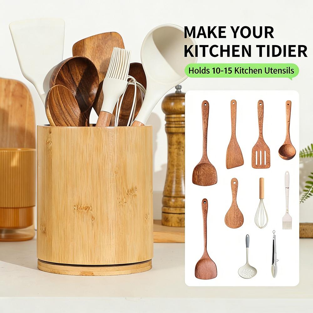 360° Rotating Cutlery Holder Wooden Storage Rack New Kitchen Utensil Holder  Countertop Use