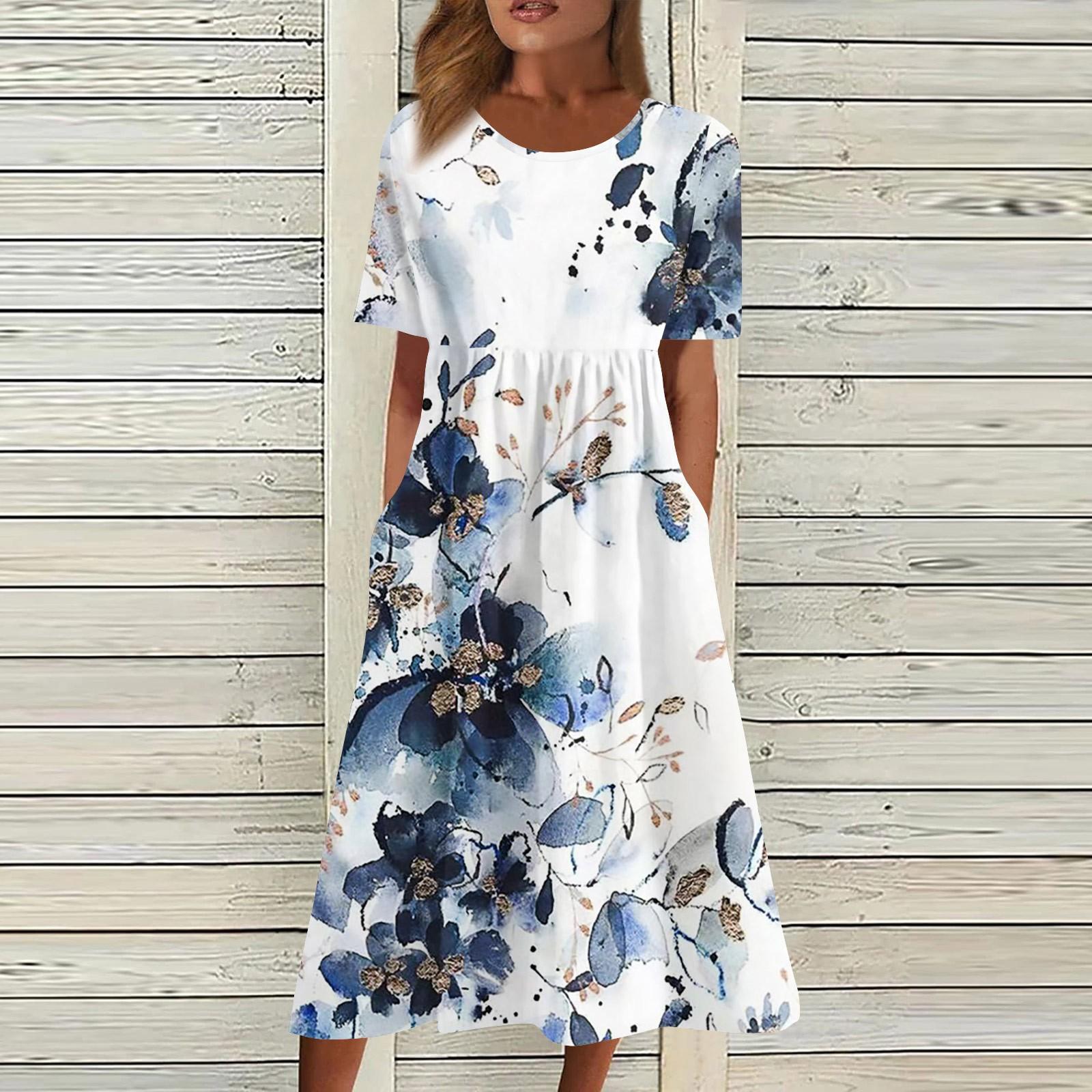 Women s Casual Dresses Printed Dresses Summer Dresses Printed Pleated O-Neck  Loose Dresses L синий