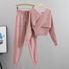 Spring and Autumn Women's Knitted Suit V-neck Sexy Strapless Short Temperament Sweater Pants Fashion Suit
