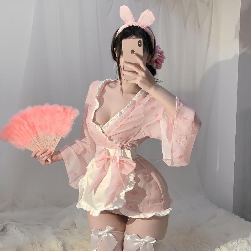 Sexy Lingerie Girl Pure Desire Bunny Girl Private House Print Flirting, Kimono Nightgown Sexy