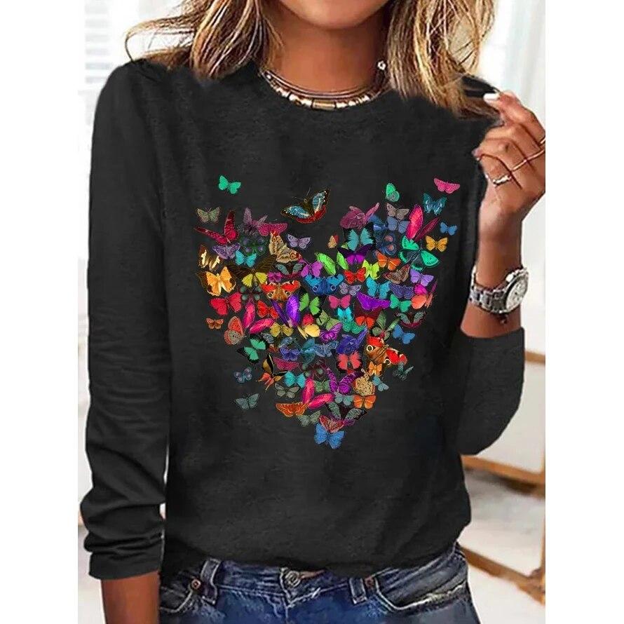 Women's 3d T-Shirt O-Neck Long Sleeve Butterfly Fashion Animal Print Large Casual Vintage Street Wear Oversized Female Clothing