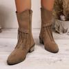 Plus Size Fringed Boots, Women's Round Toe, Mid Block-heeled Vintage Western Cowboy Boots, Nubuck Fashion Booties