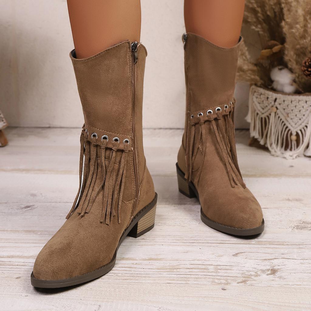 Plus Size Fringed Boots, Women's Round Toe, Mid Block-heeled Vintage Western Cowboy Boots, Nubuck Fashion Booties
