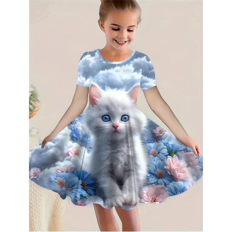 

3D Digital Fashion Fantasy Cute Cat Vacation Girl Gift Floral Kitten Short Sleeve Dress Random Print Spring Summer Outdoor Casual Dress 110