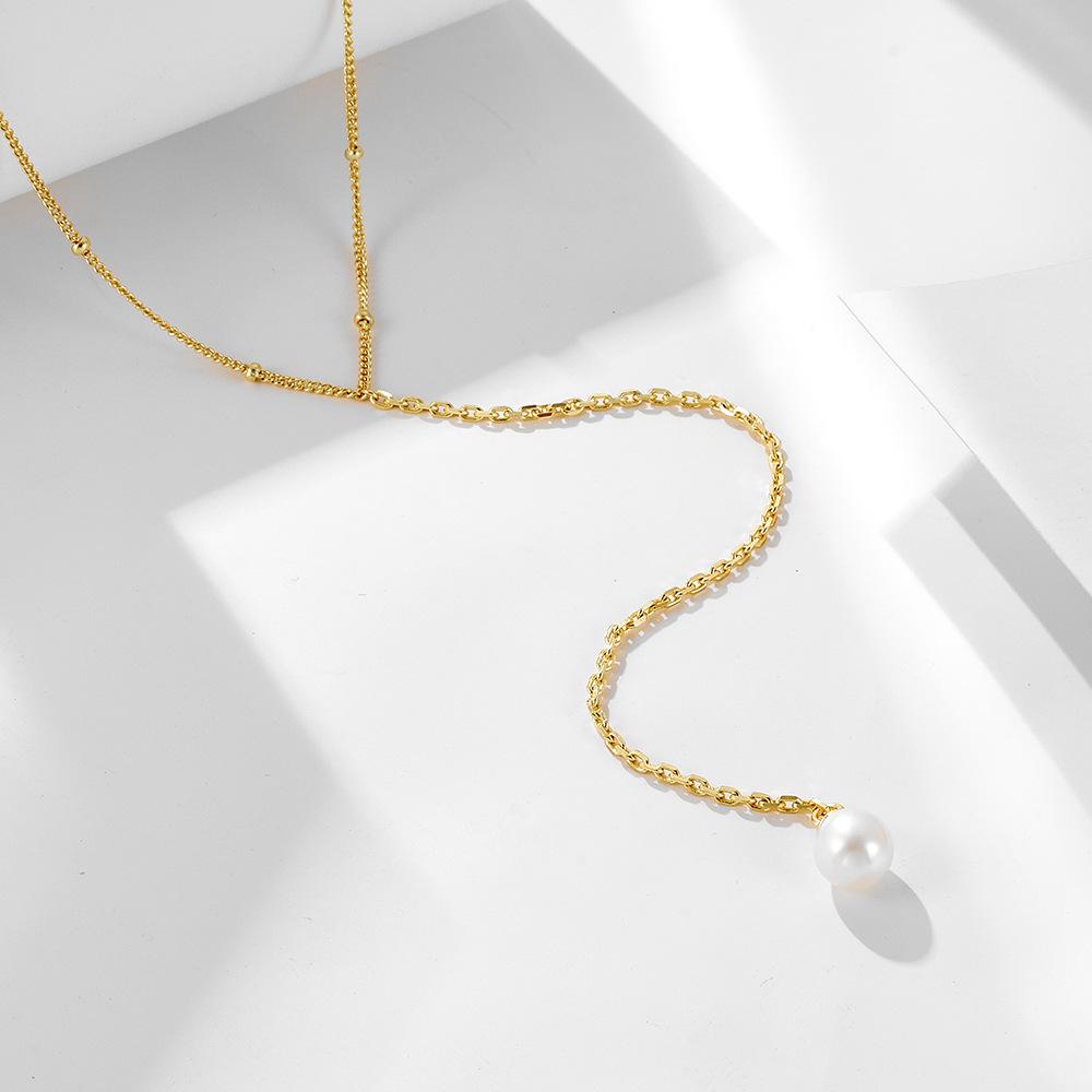 KN4093  Jewelry 925 Sterling Silver Gold Plated Y Bezel Lariat Bead Chain Natural Freshwater Pearl Necklace