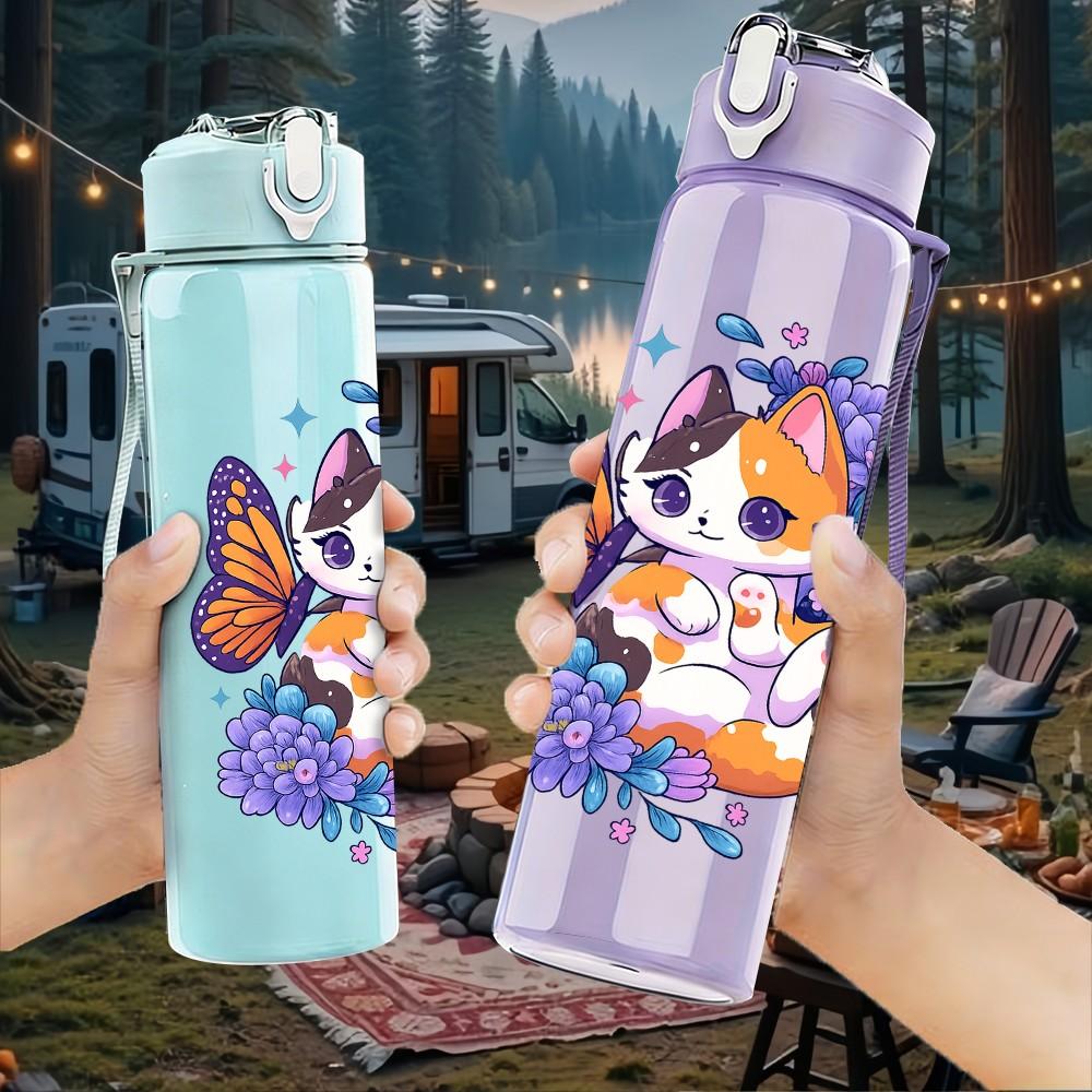 1PC Butterfly Kitten Art 750ml Color Plastic Sports Water Bottle Leakproof Flip Straw Lid Suitable for Sports Office Home Use