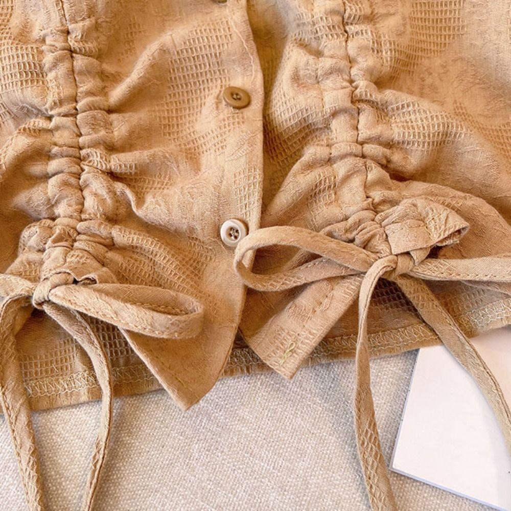 Loose Long Sleeve Shirts V-neck Ladies Shirt Top Sweet Lace-up Drawstring Blouse  Girls