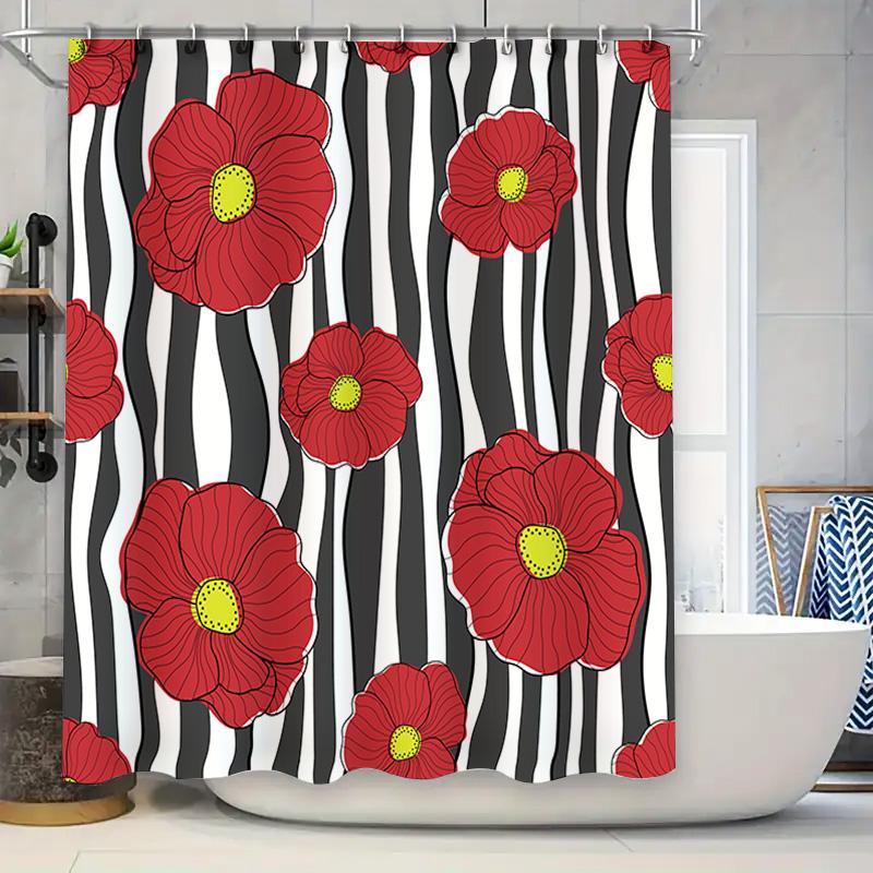 

Red Flower Black Striped Shower Curtain Set For Bathroom Decor Modern Floral Shower Curtains With Rings Perfect Gift Ideas (Size W60H190(CM)-1 Pcs