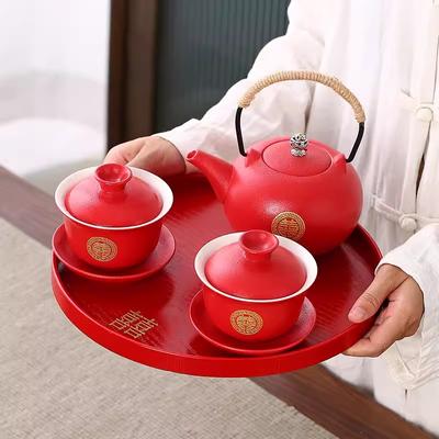 Red Tea Set Cover Bowl Set, One Pot, New Couple's Wedding Change of Mouth, Tea Cup, Chinese Wedding Celebration