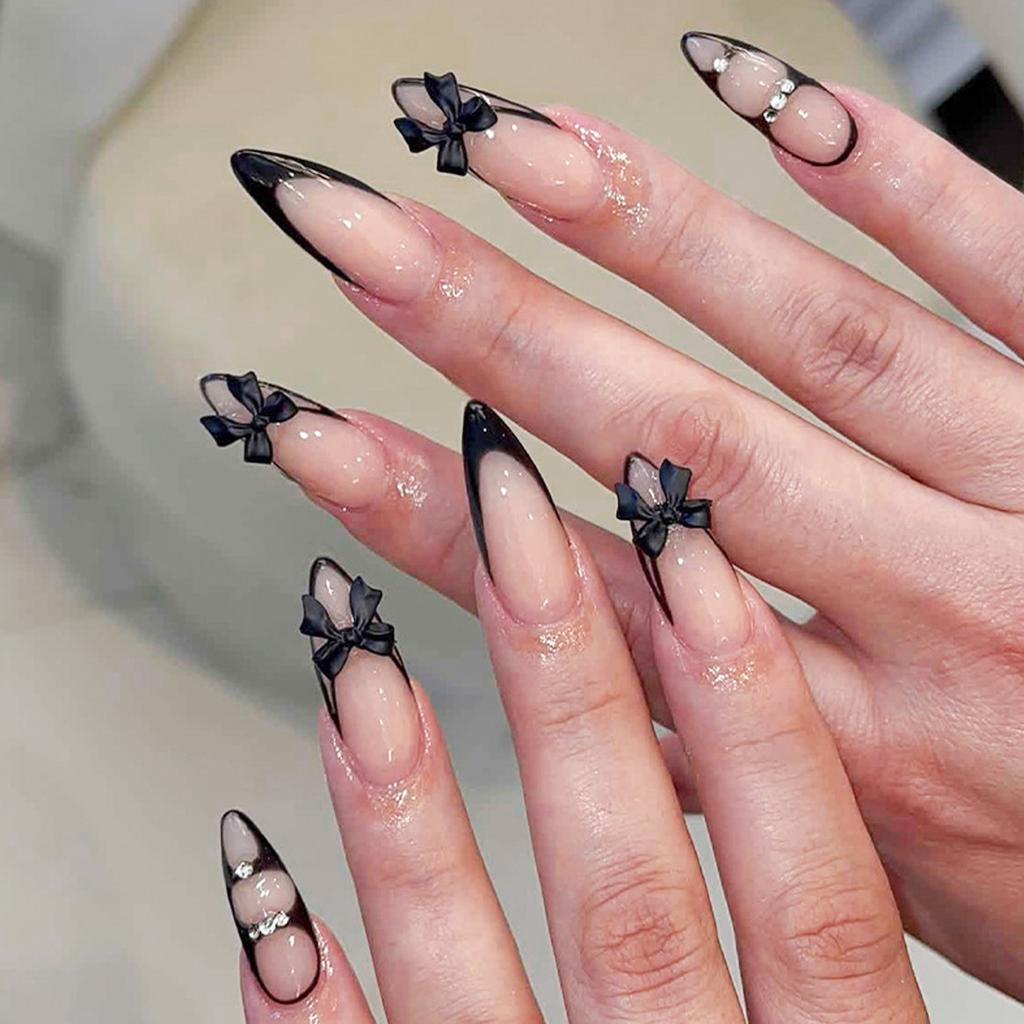 24Pcs Y2K Gothic Black Bow Almond Cat Eye Press On Nails Full Cover Acrylic Nail Tips
