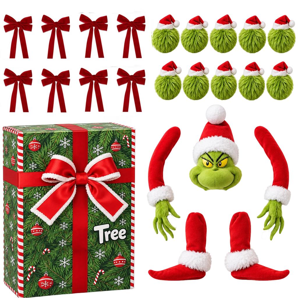 Green Furry Christmas Tree Decoration Set, Holiday Hanging Ornaments for Home Party