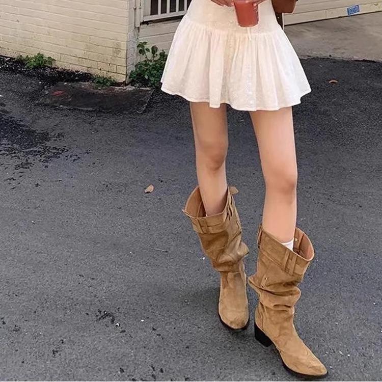 Vintage Maillard Boots Big Tube Skinny Pleated Pile Boots Women's Summer Pointed Thick Heel Khaki Boots