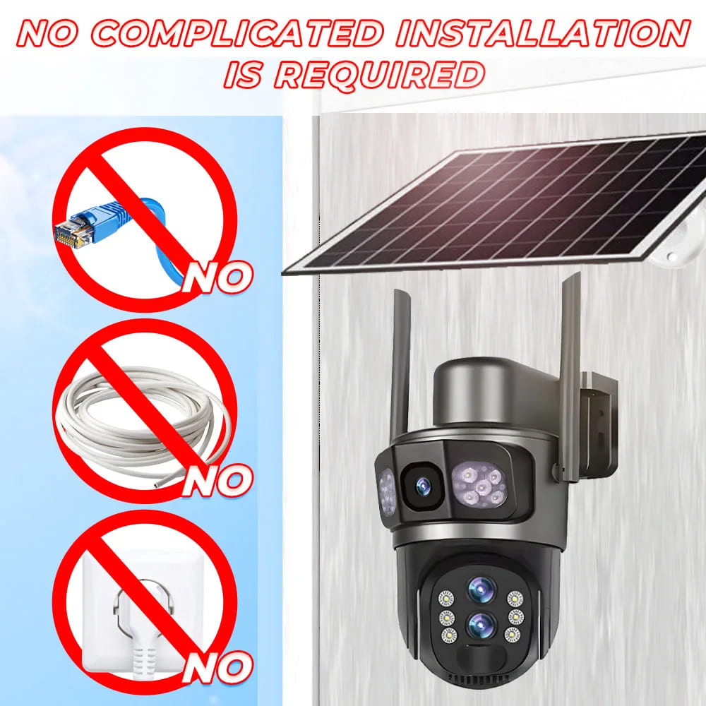 Solarbetriebene Überwachungskamera für den Außenbereich, WiFi, 6K, kabellos, 10-facher Zoom, drei Objektive, 12MP, 360°-Kameras, automatisches Tracking, CCTV-IP-Sicherheitskamera V380