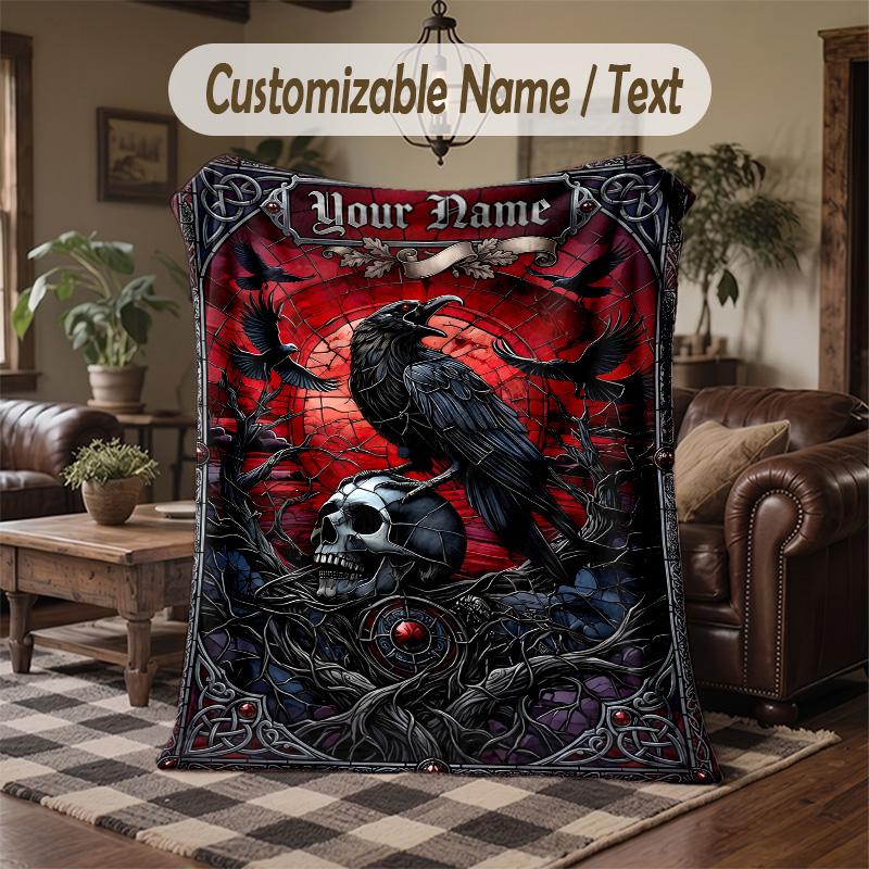 Raven Autumnal Landscape Theme Throw Blanket Custom Name Text Personalized Blanket Soft Cozy Blanket for Home Sofa Bed