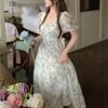 Patchwork Print Chiffon Dress Super Fairy French V-neck Short Sleeve Floral Dress Mid-length Waist Skirt Peplum Bubble Sleeve Dresses