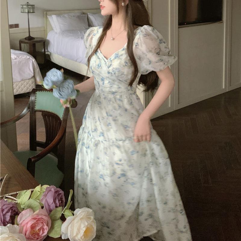 Patchwork Print Chiffon Dress Super Fairy French V-neck Short Sleeve Floral Dress Mid-length Waist Skirt Peplum Bubble Sleeve Dresses