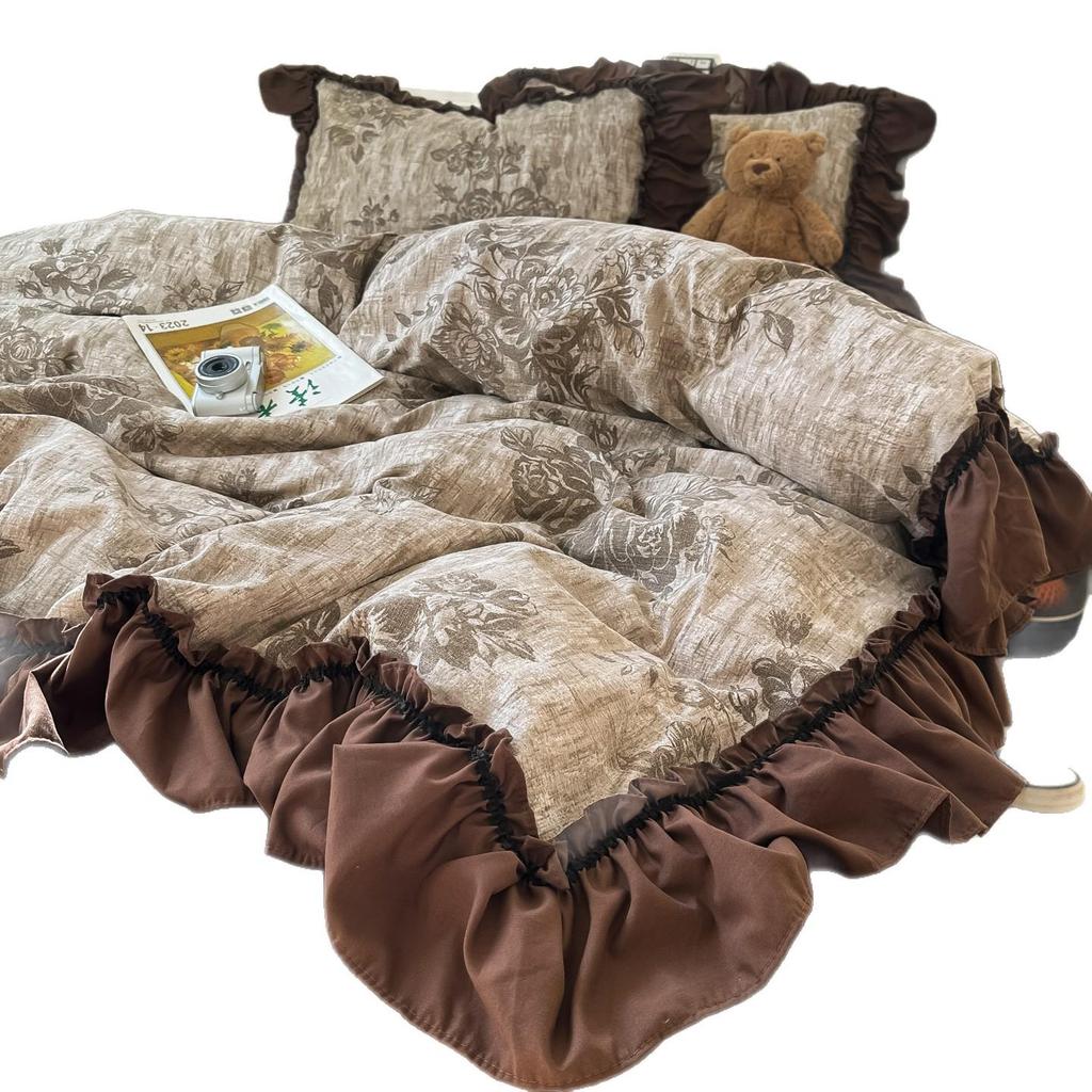 French Retro Lace Linen Bedding Set: Skin-Friendly Duvet Cover & Fitted Sheet