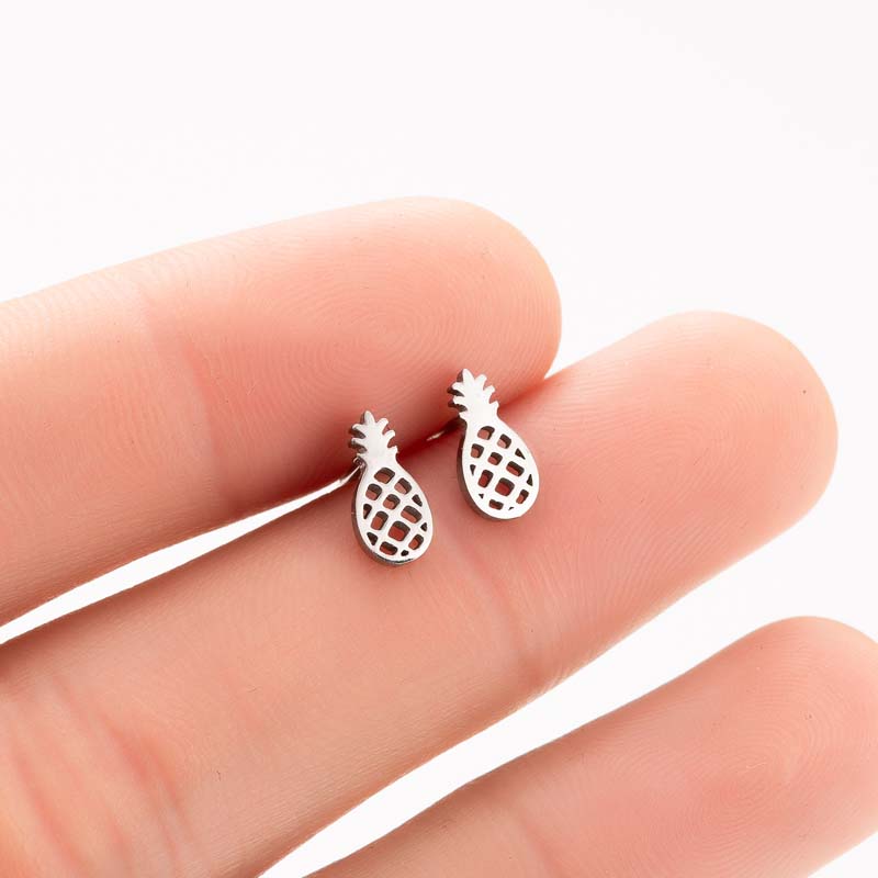 SMJEL Summer Cherry Earrings Ladies Stainless Steel Fruit Stud Earrings Small Watermelon Apple Pineapple Unique Zircon Gift