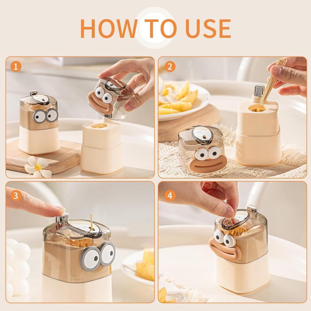 Cute automatic pop-up toothpick dispenser, pop-up automatic cute big mouth and big eye decorated novel toothpick container for k