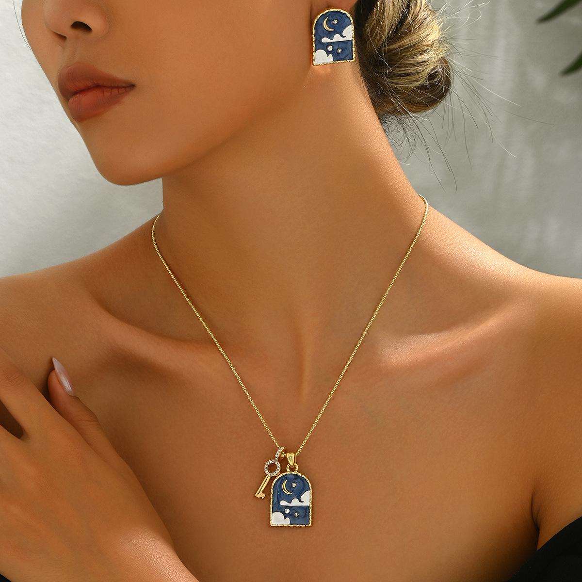 

Модный женский кулон ожерелье серьги комплект таро алмаз капля масла дизайн длинная ключичная цепочка