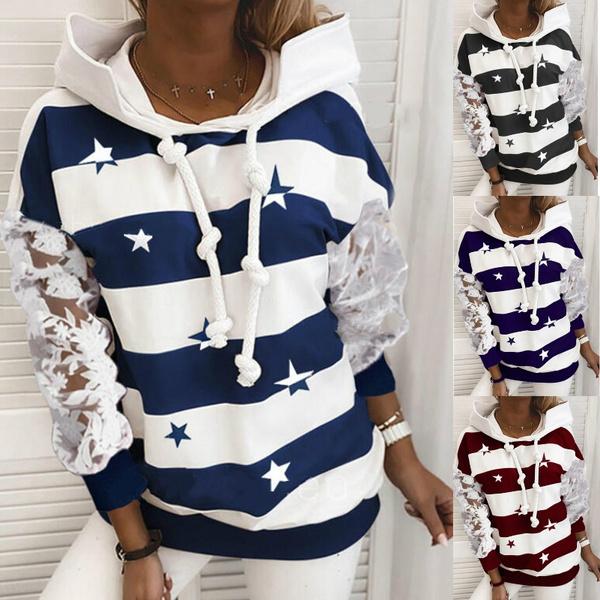 

Осенний модный женский топ в полоску с капюшоном в звездном стиле, повседневные свободные кружевные толстовки с длинными рукавами, пуловер в уличном стиле