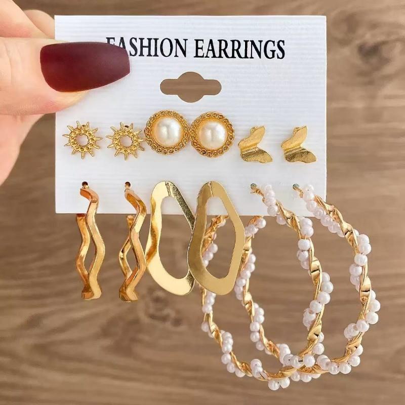 6Pairs 18K Gold Plated Alloy Earrings Set Stainless Steel Post CZ Pearl Heart Hoop for Women Fashion Jewelry
