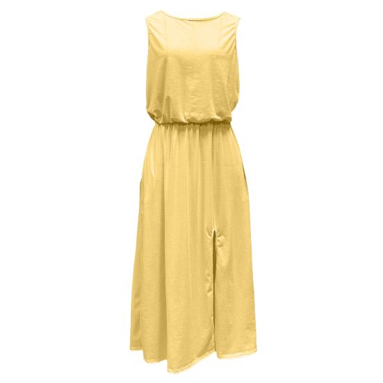 Women Summer Dress Pleated Round Neck Sleeveless Solid Color Loose Slit Hem Maxi Dress Daily Date Party Wear Long Dress