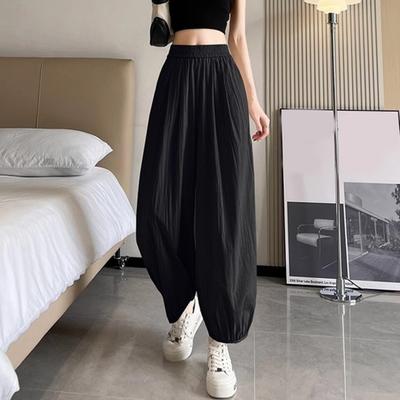 Women Pants Wide Elastic Waistband Anti-Wrinkle Fabric Loose Fit Harem Trousers with Pockets Pure Color Travel Work Pants