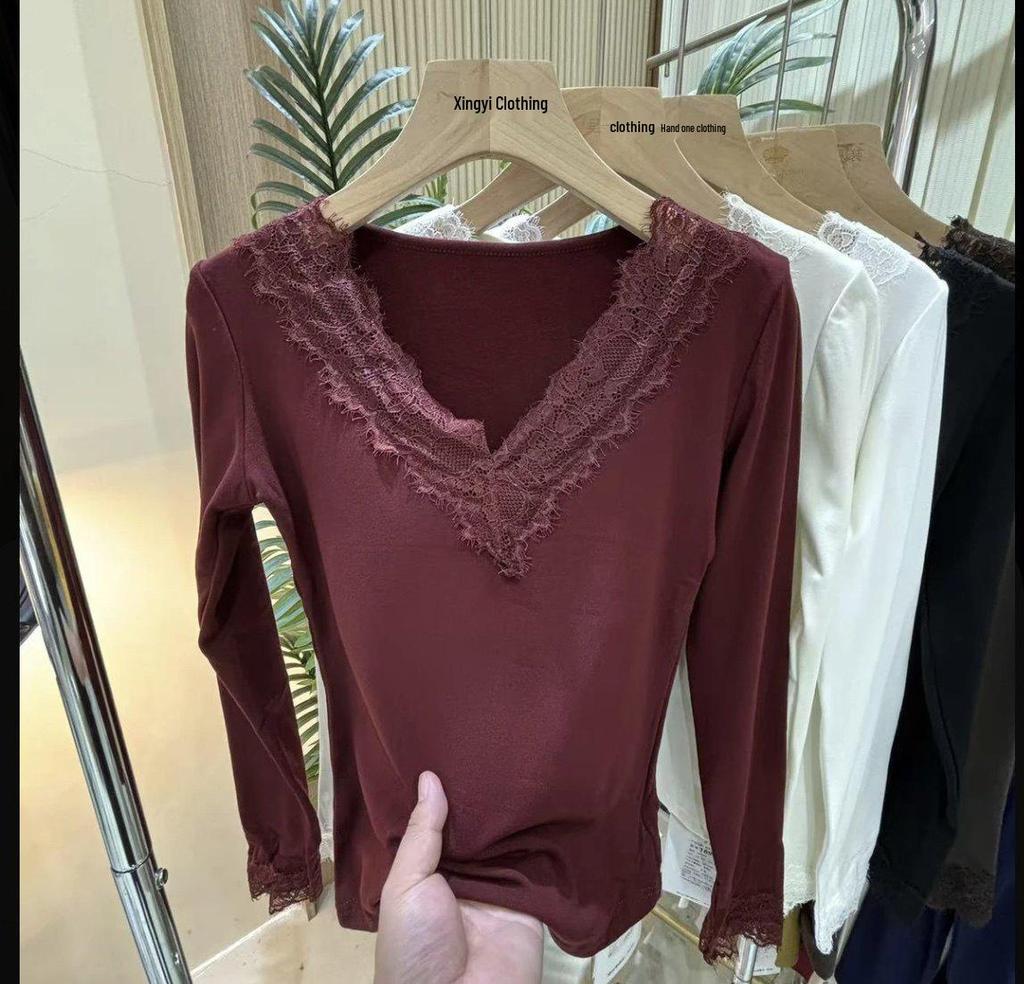 Women's Lace Trim V-Neck T-Shirt, Slim Fit, Long Sleeve, Ruffle Detail, Ideal for Spring and Autumn, Perfect As an Inner Layer.