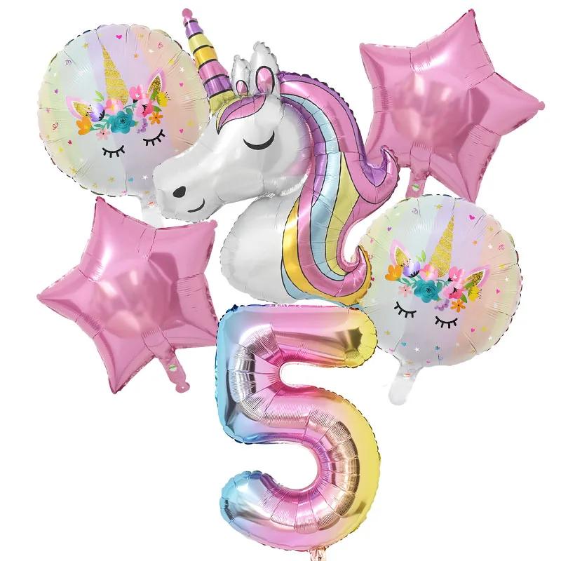 New 1Set Rainbow Unicorn Balloon 32 inch Number Foil Balloons 1st Kids Unicorn Theme Birthday Party Decorations Baby Shower Glob