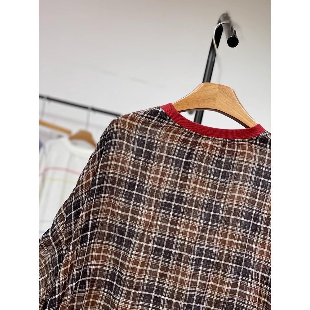 Dimanaf 2025 Summer Linen T-shirt Women Spliced Plaid Printing Short Sleeve Loose Red T-shirt