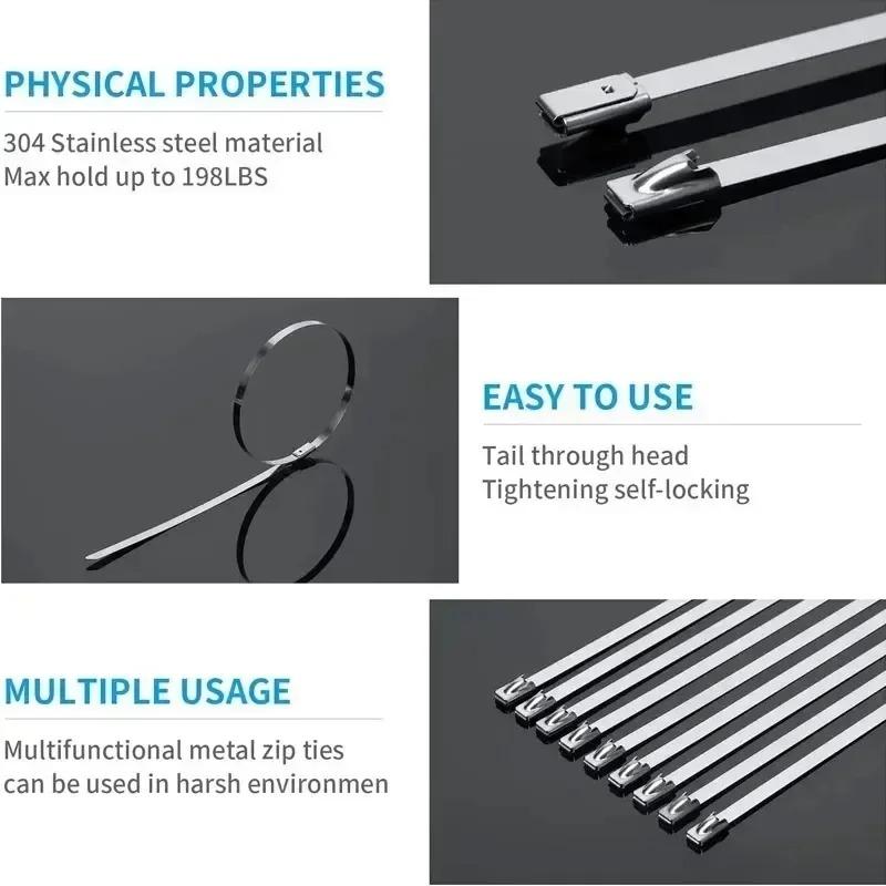 100Pcs Stainless Steel Cable Ties Metal Zip Ties Strap for Exhaust Wrap Multi-Purpose Heavy Duty Self-locking Fastening Ring