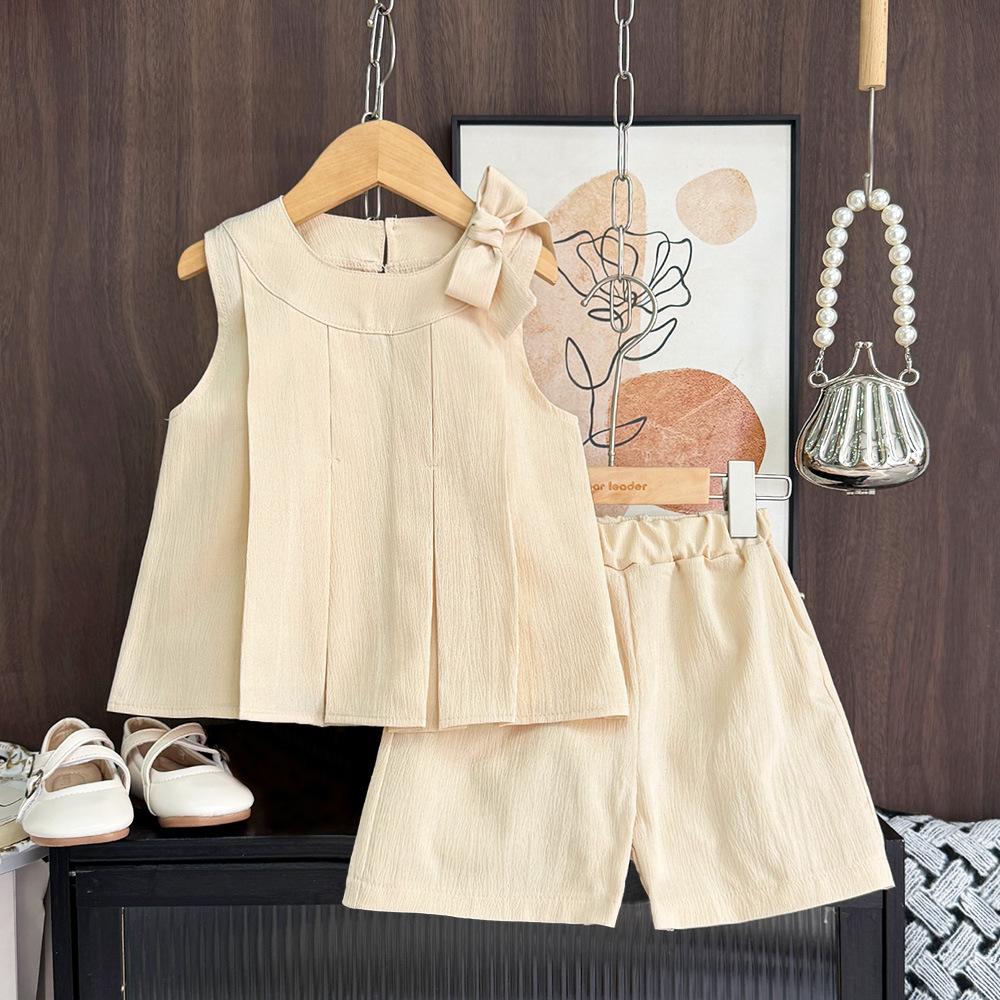 Girls' Outfit Solid Color New Korean Style Bow Pleated Sleeveless Top Shorts Two-Piece Set for Young Girls Summer Children's Clothing